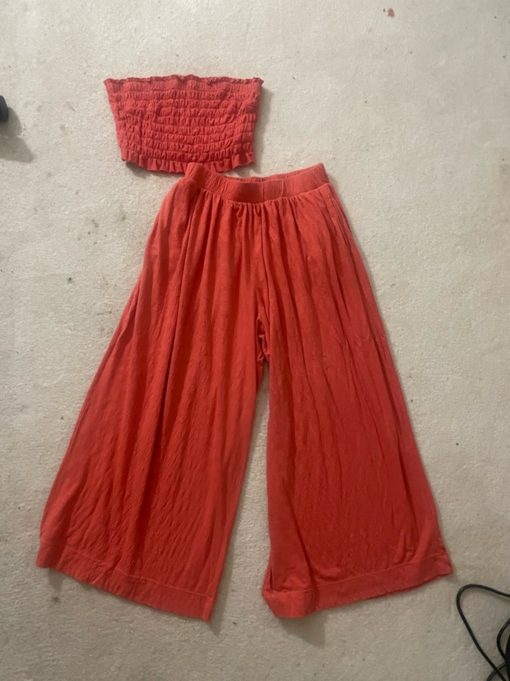 Free People orange ruffle crop top and wide leg pants set
